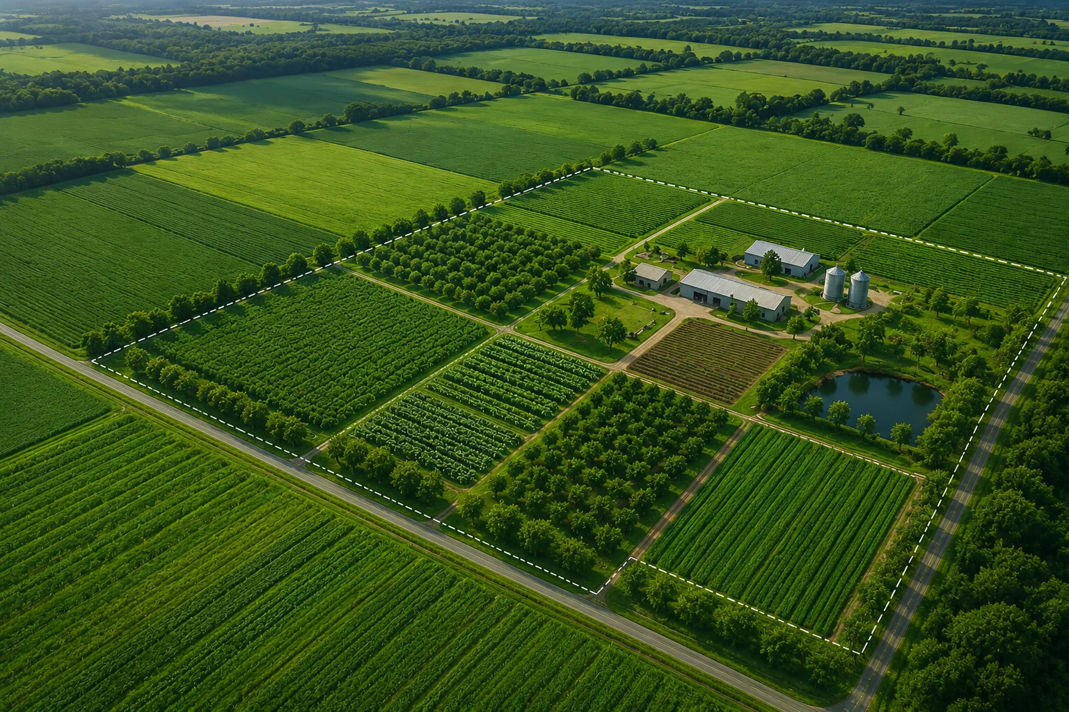 Aerial view of green farmland