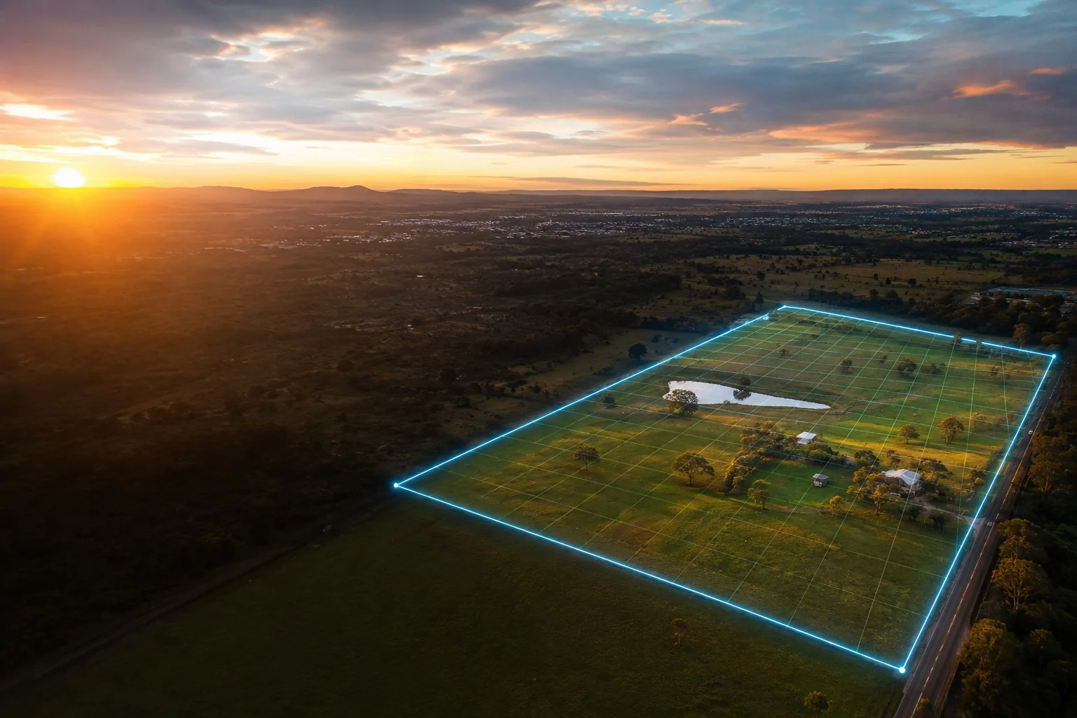 Aerial view of land plot with GPS boundary